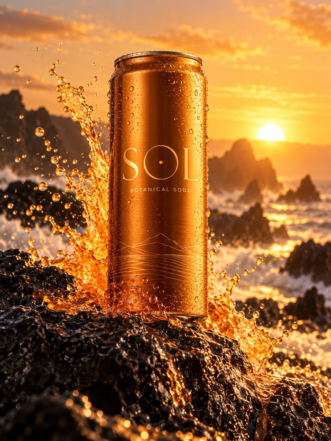 Amber SOL botanical soda can on volcanic rock